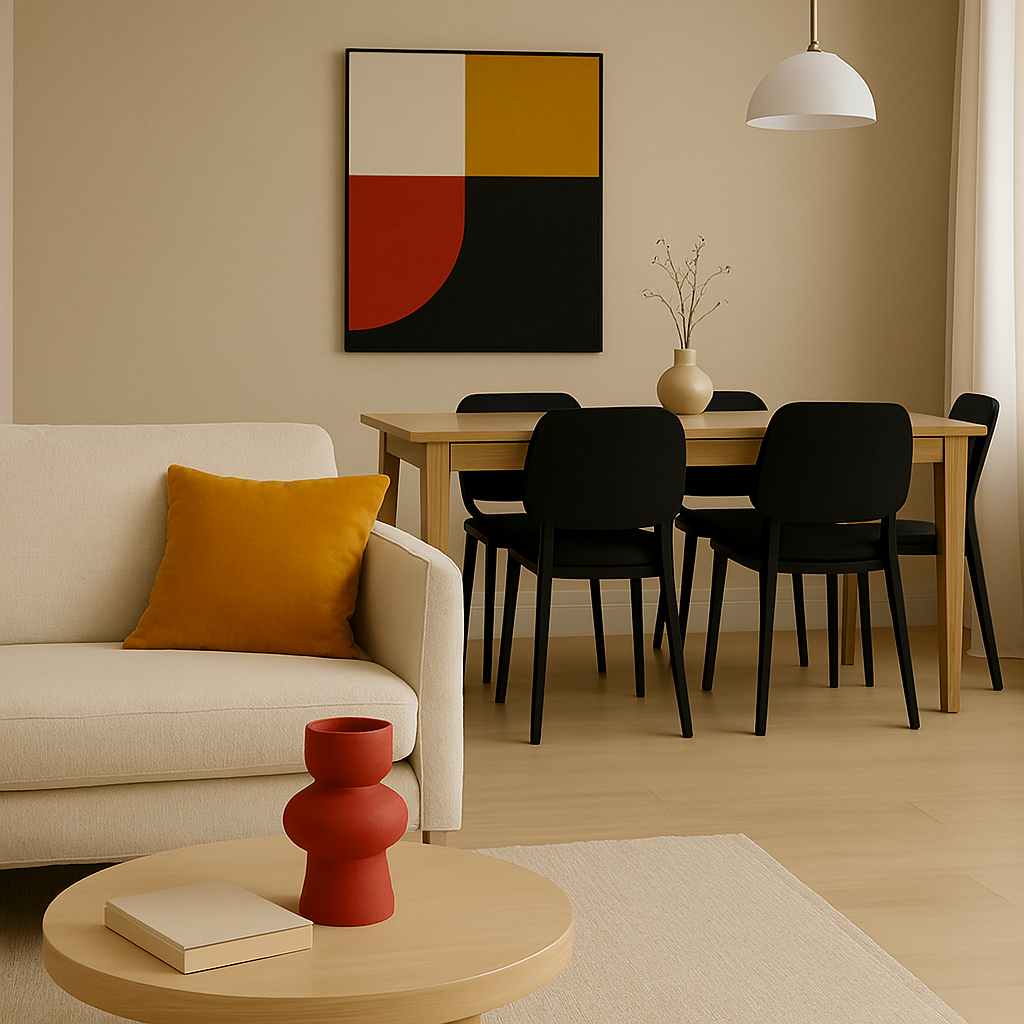 Open-plan space designed with neutral tones and bold décor pieces.