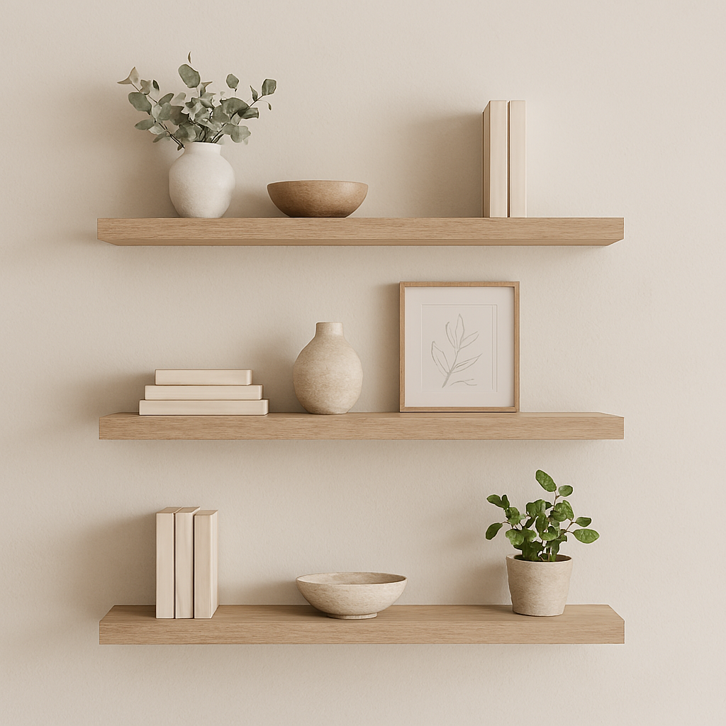 Floating shelves styled with restraint