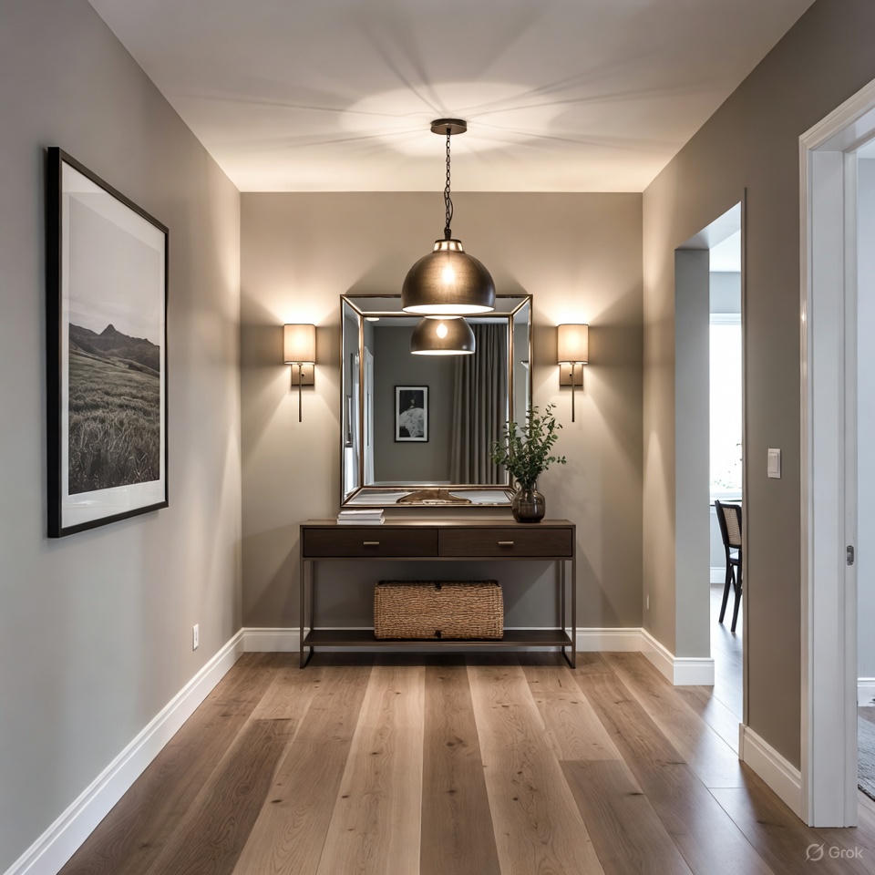 Welcoming entryway styled with wall sconces and soft ambient lighting