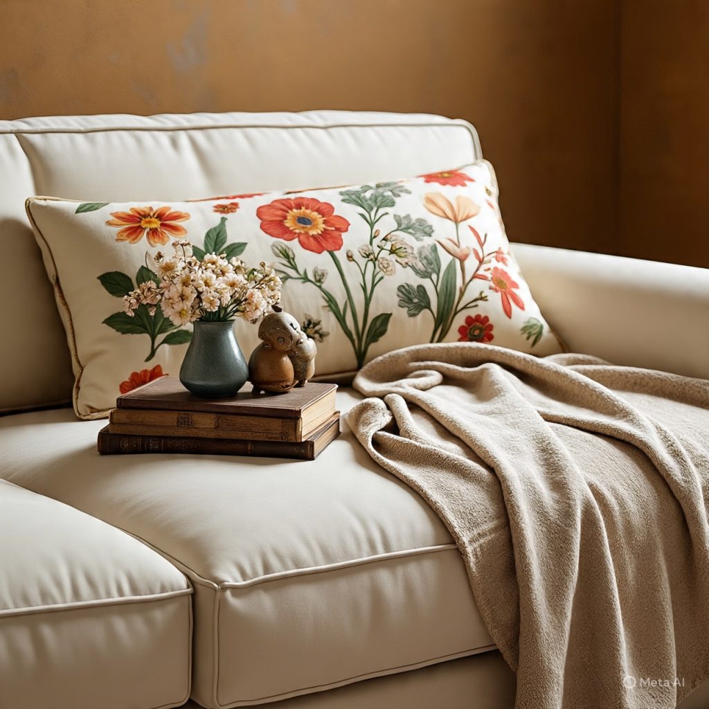Close-up of layered cushions, throws, and décor accessories highlighting how designers create depth in styling