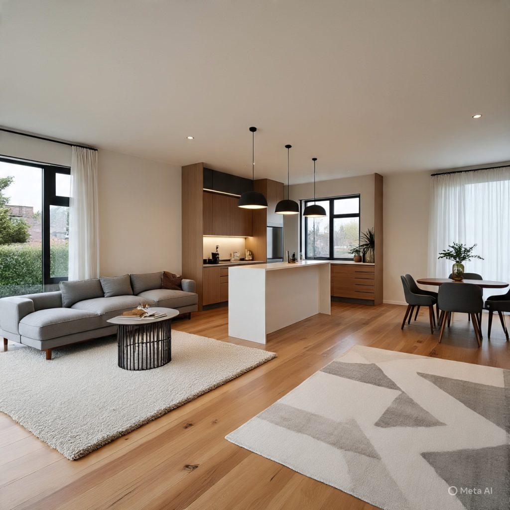 Open-plan layout styled with subtle zoning as part of space enhancing decor tricks
