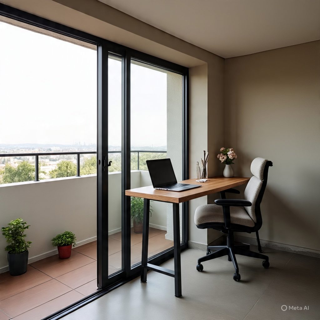 Balcony Decor Ideas showing how a compact balcony can be used as a functional and stylish home office.