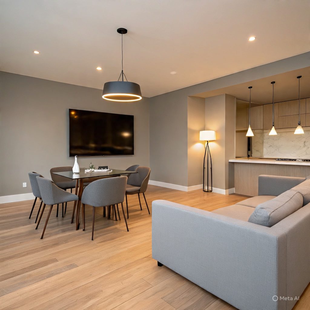 Cohesive open-plan interior styled with consistent colors and finishes