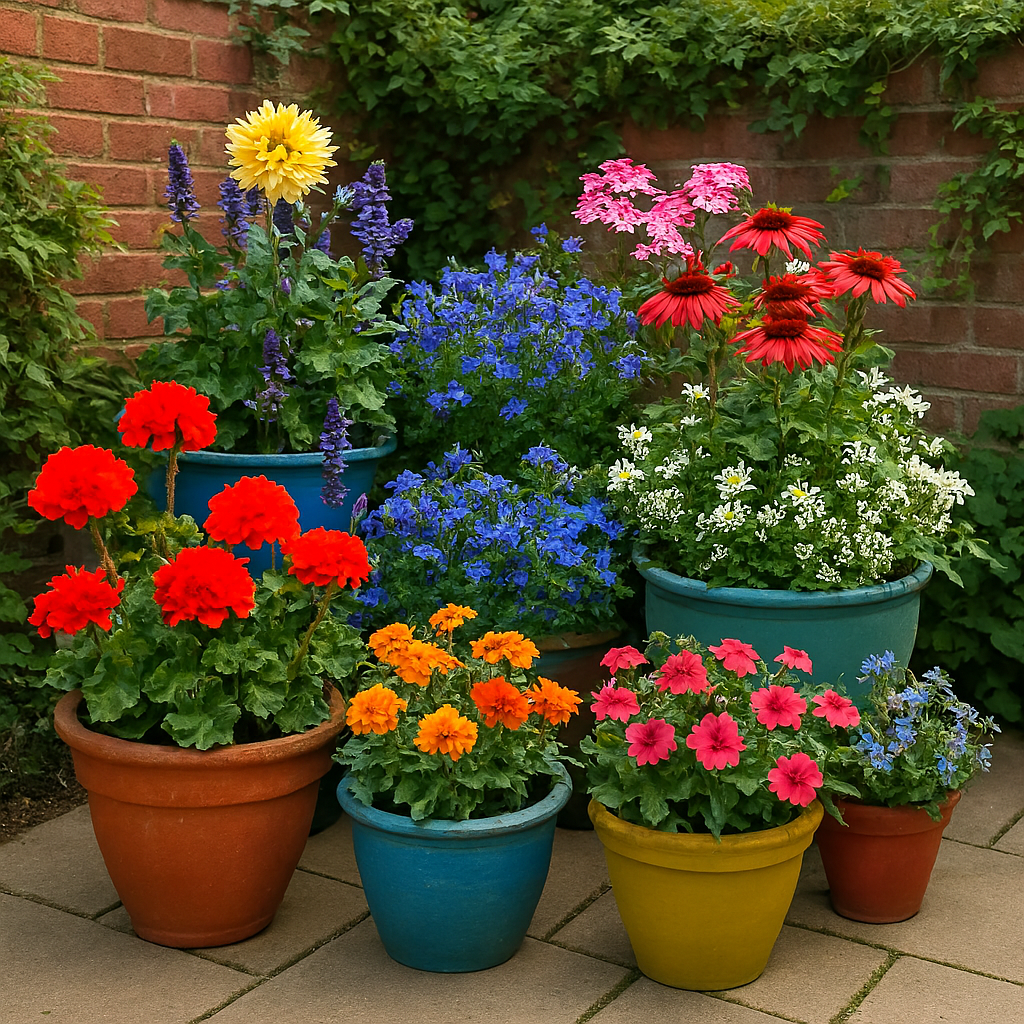 Container flowers in small home garden