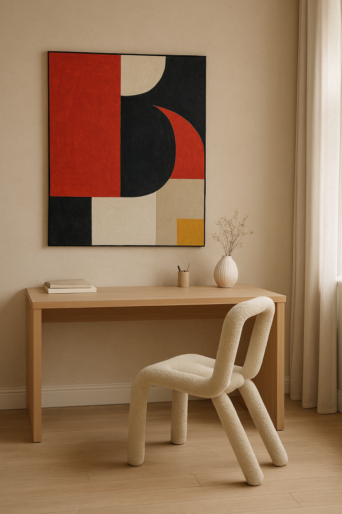 Home office featuring neutral palette and bold design accents.
