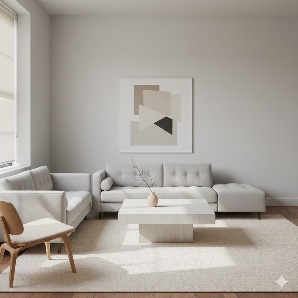 Flat minimalist living room without texture, revealing texture-neglect home decor mistakes