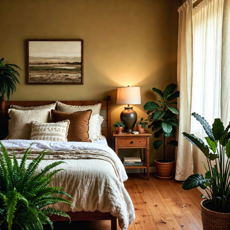 Earth-tone bedroom with ceramic accessories and woven textures.