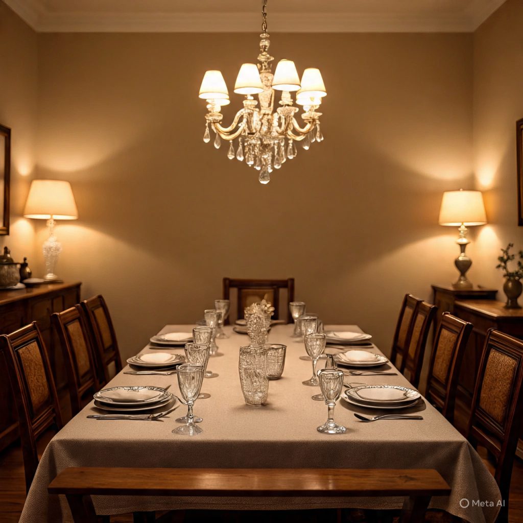 Warm dining space with layered lighting and textures showing how designers create depth and elegance