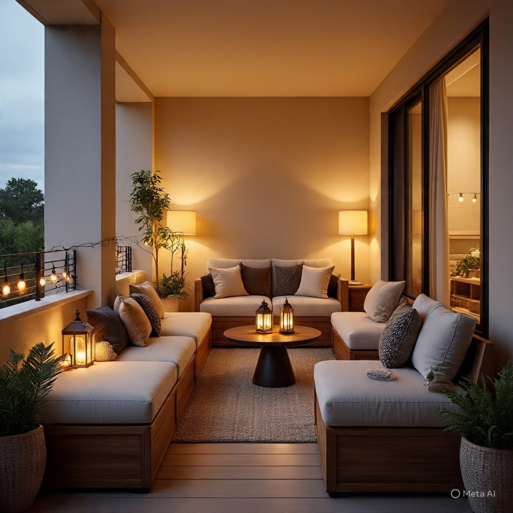 Family-friendly balcony living space with cozy seating, storage benches, and indoor-inspired décor.