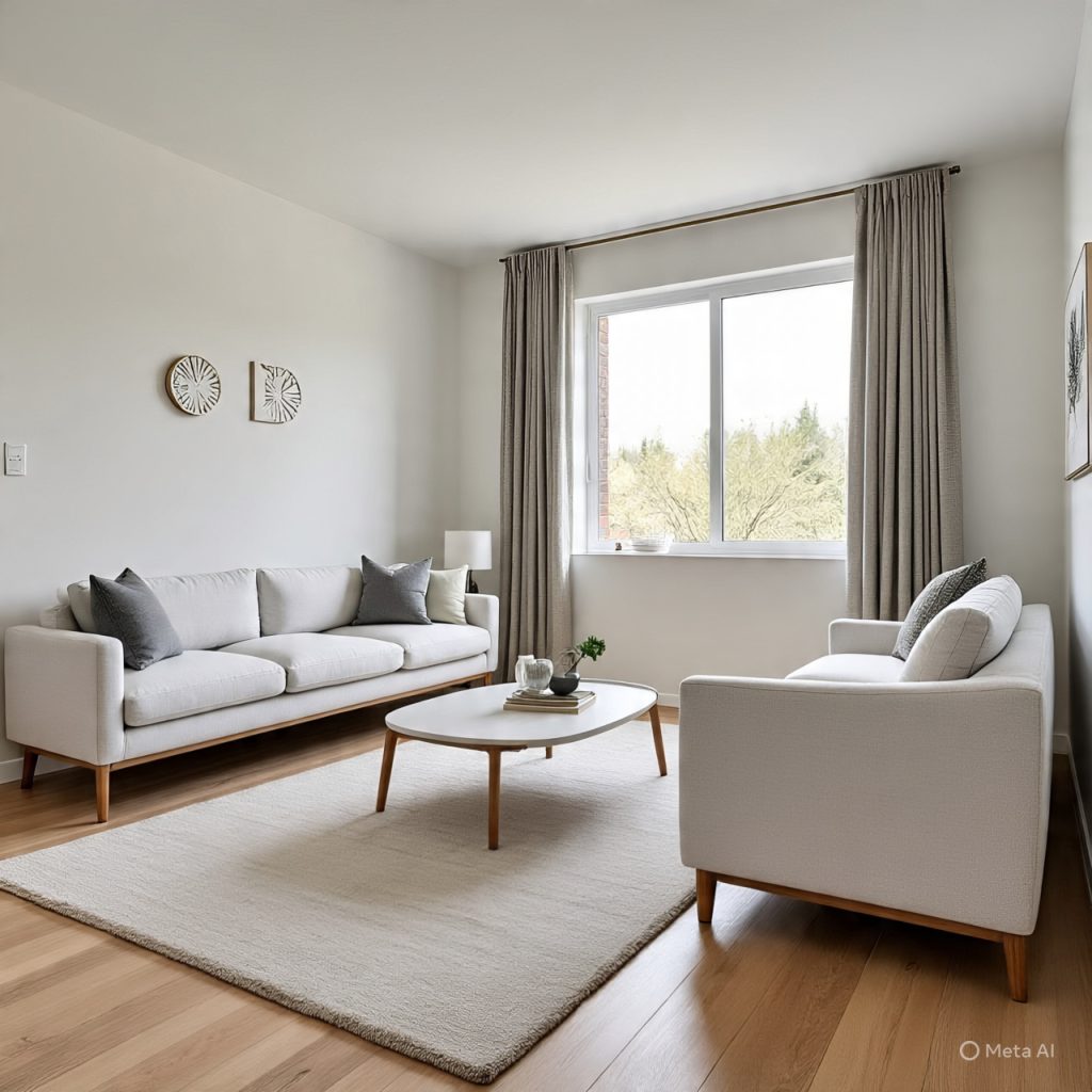 Decluttered modern living space with simple furniture and neutral colors