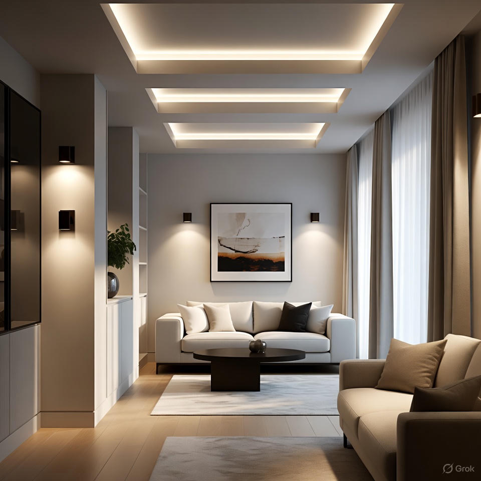 Layered lighting enhancing mood in a modern intentional home interior