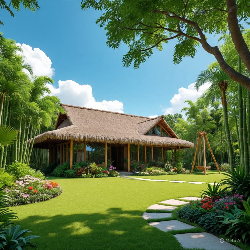 Lush garden view of bamboo-garden ranch-houses surrounded by greenery