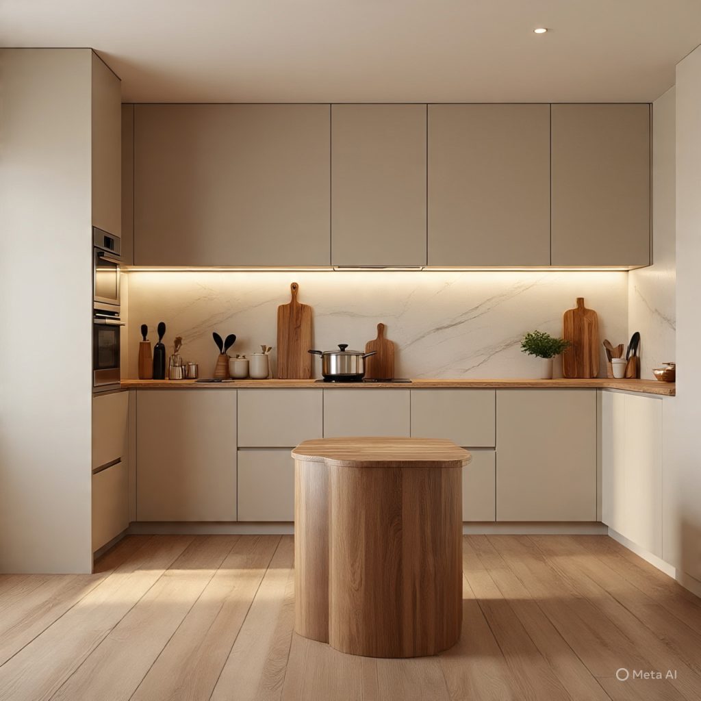 "2026 warmer neutral kitchen design ideas with beige cabinets and curved island in modern Pakistani home"