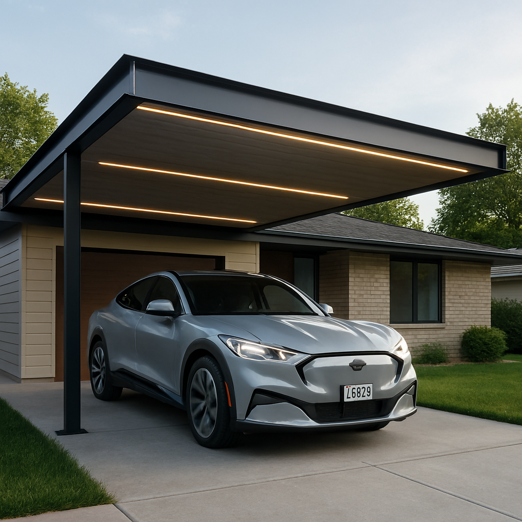 Modern car porch designs in minimalist cantilever style with 2026 Ford Mustang Mach-E exiting urban home.