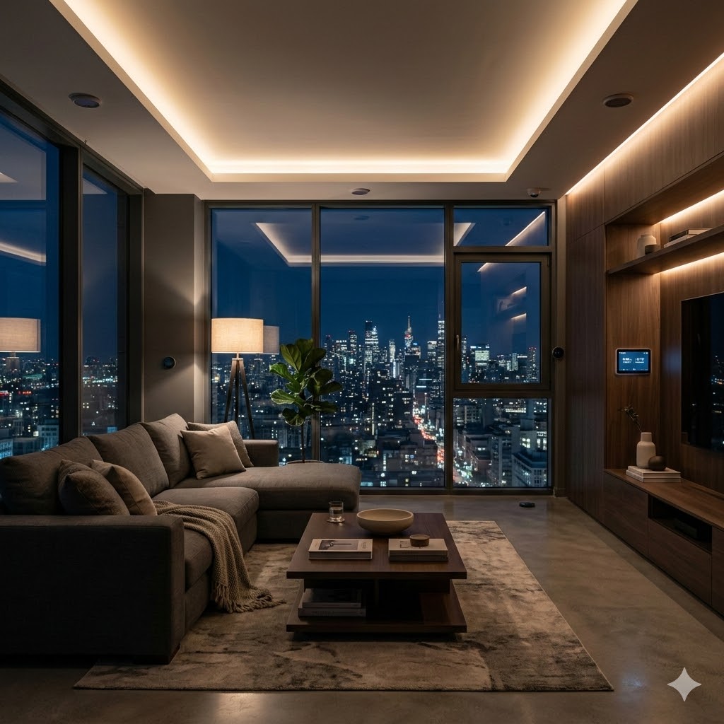 Smart Home Trends 2026 – smart living concept in 2026 featuring an adaptive minimalist living room with automatic lighting adjustment and invisible sensors integrated into the design