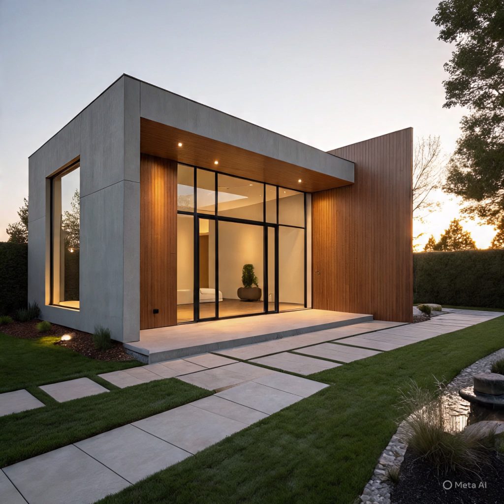 Sleek modern house exterior with flat roof and expansive glass windows showcasing clean architectural lines.