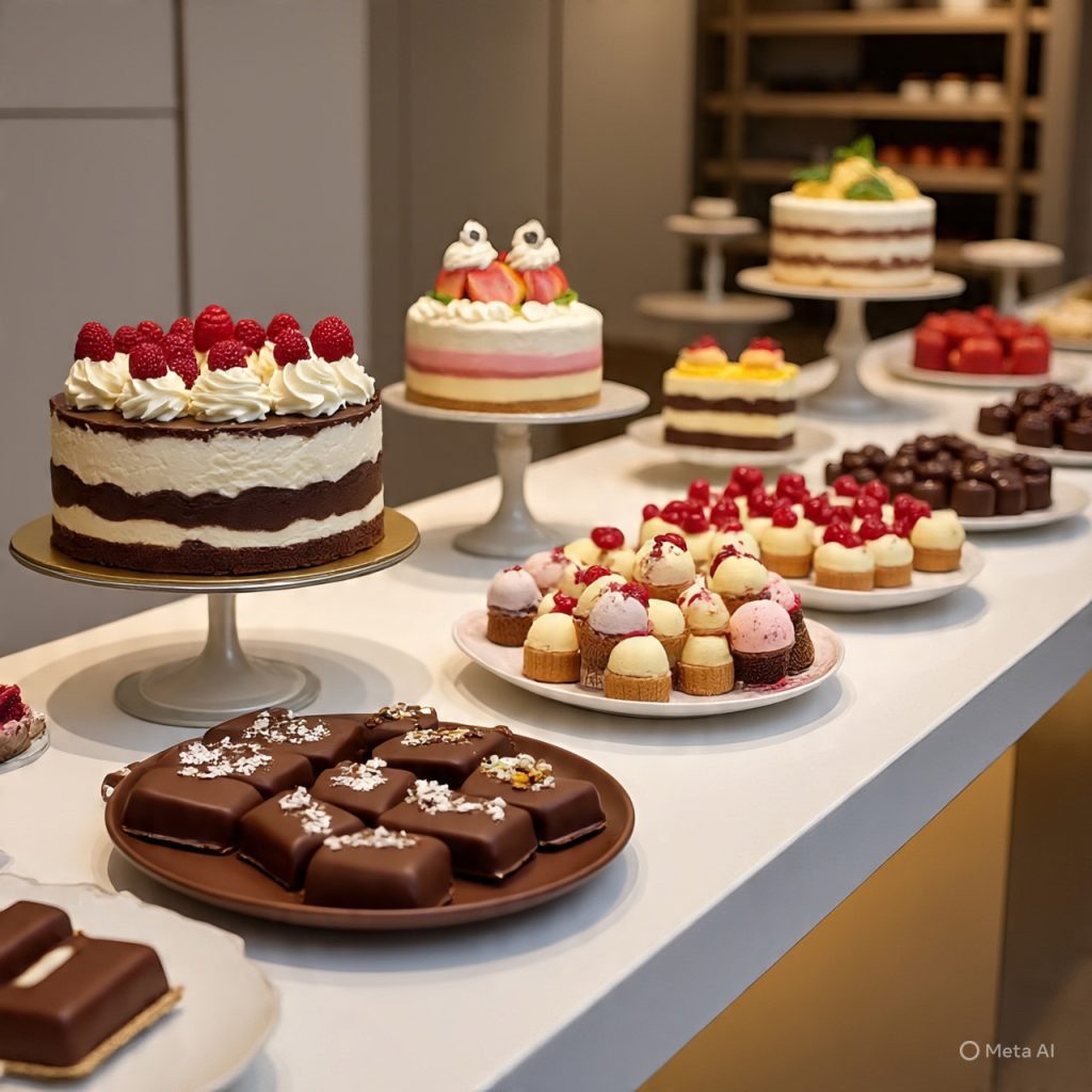 Beautiful cakes, chocolate items & colorful ice creams creating a sweet dessert spread
