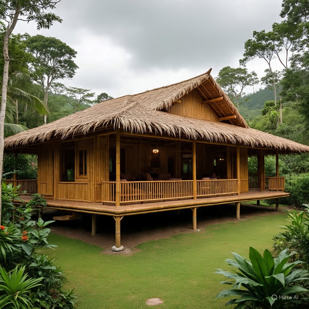 Text: Bamboo ranch-house exterior with eco-friendly design.