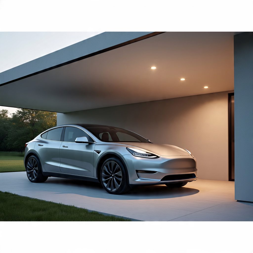 Modern car porch ceiling designs with LED cove lighting and 2026 Tesla Model Y entering.