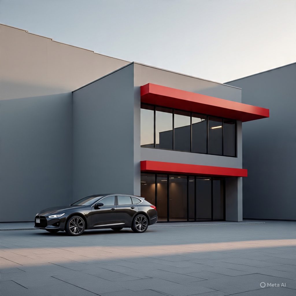 Modern Chinese front elevation designs with geometric red accents and 2026 BYD Han exiting.