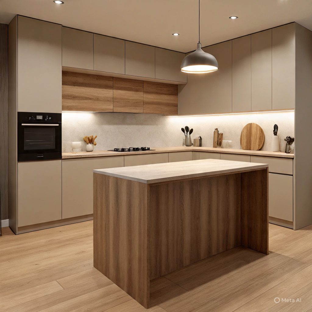 "2026 warmer neutral kitchen design ideas with beige cabinets and curved island in modern Pakistani home"