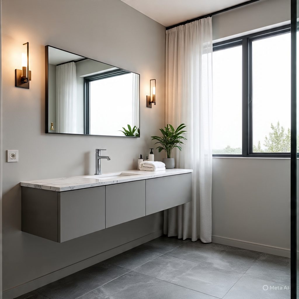 Modern-home decor bathroom with floating vanity and neutral tiles