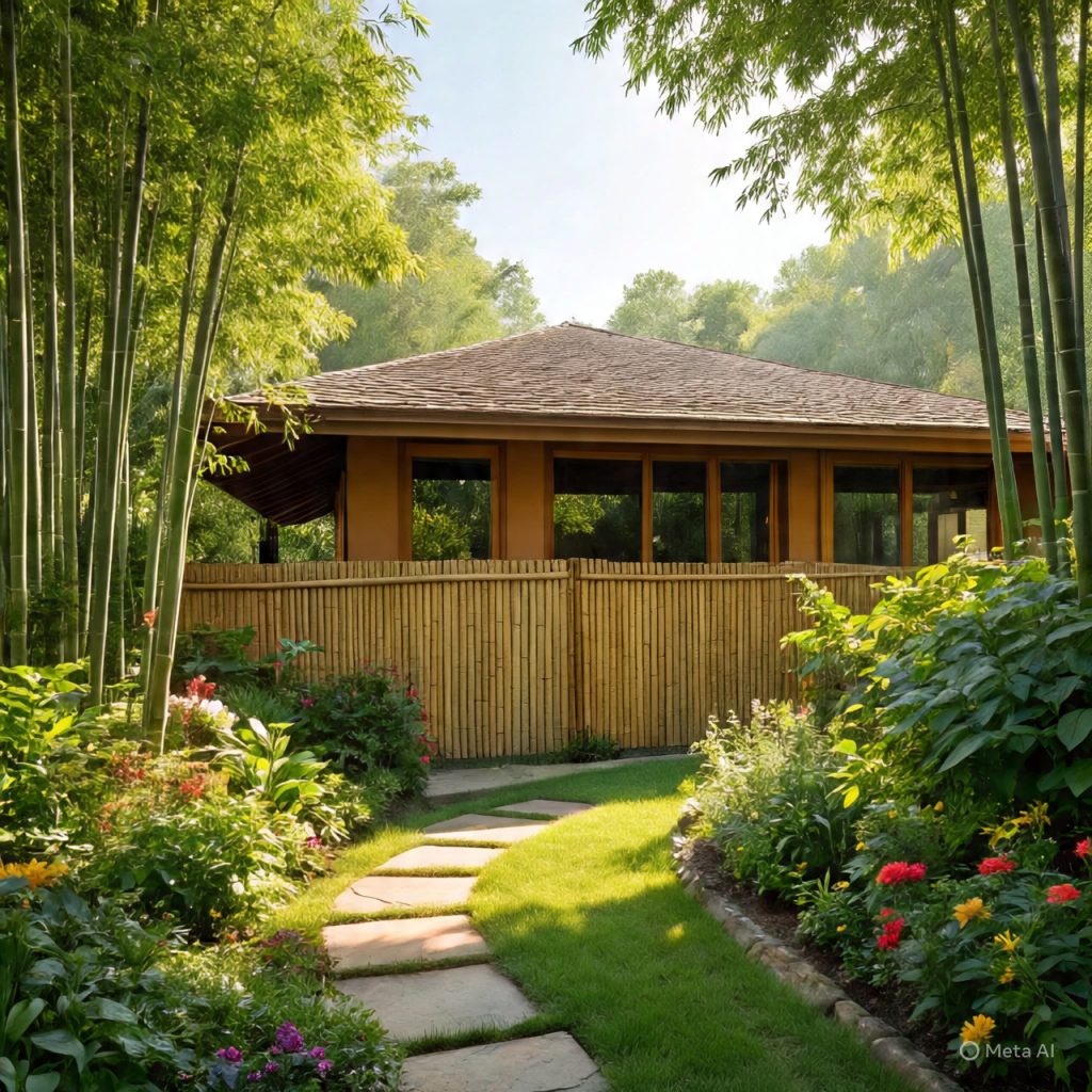 Calm garden patio with bamboo furniture