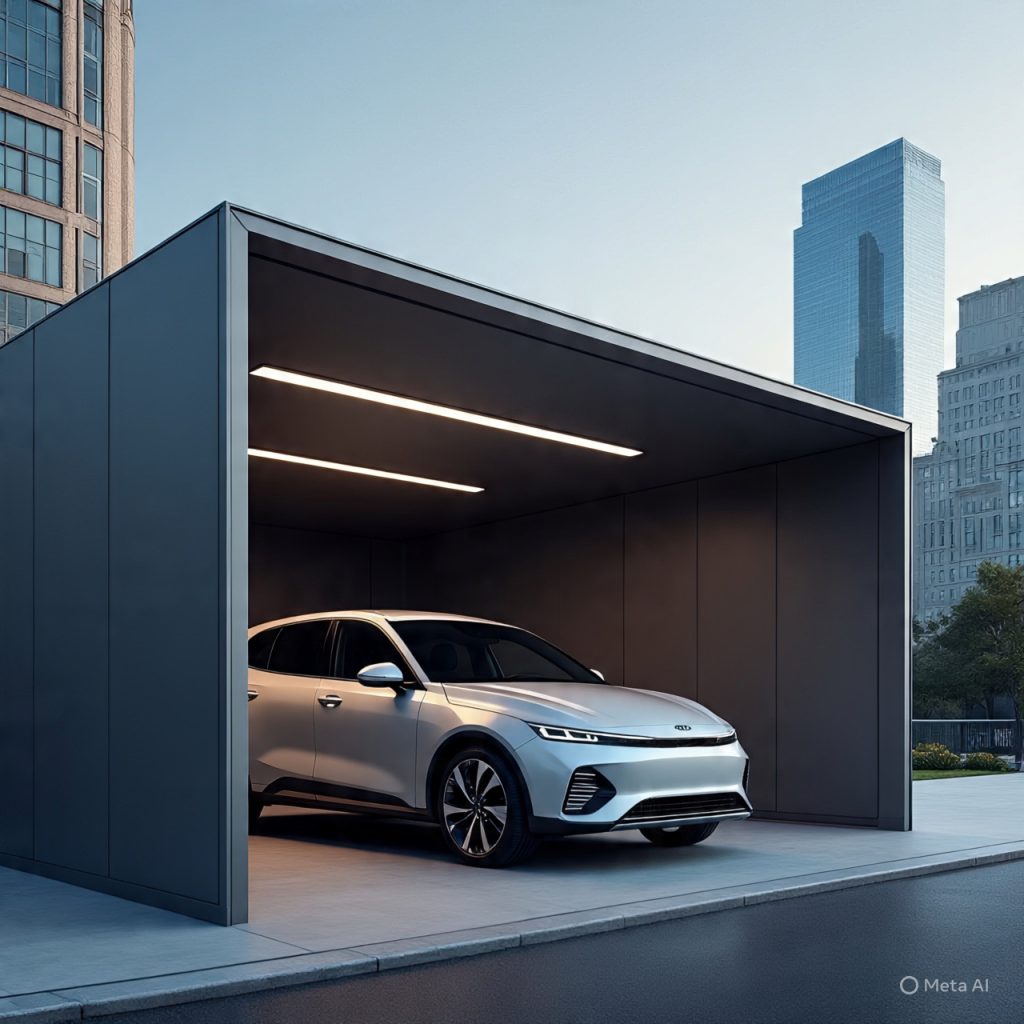 Modern car porch designs in hybrid enclosed-open with 2026 Kia EV9 entering/exiting versatile porch.