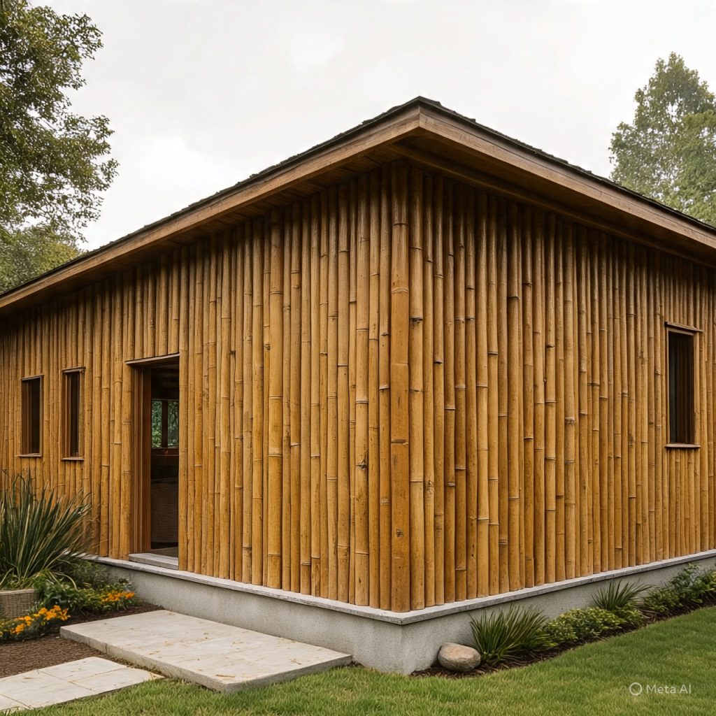 Sunset view of bamboo ranch houses promoting peaceful living.