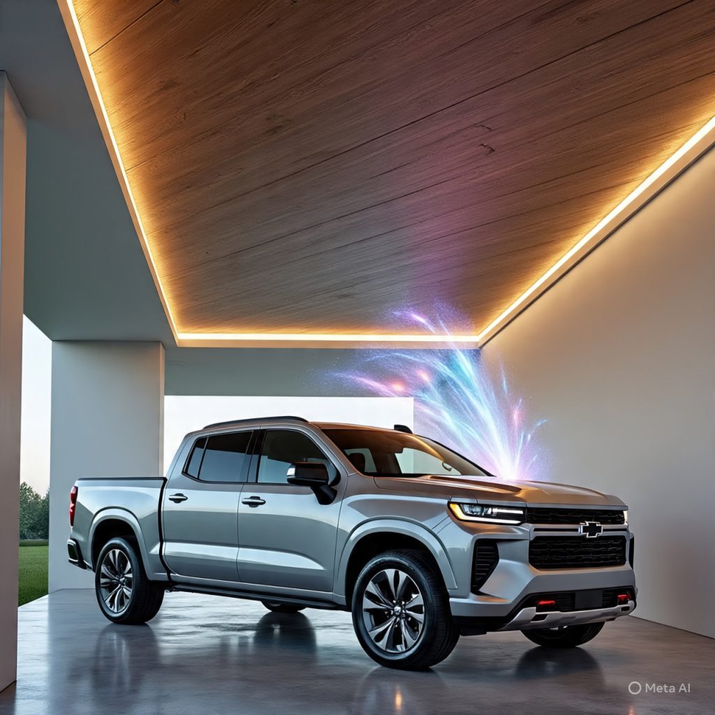 Modern car porch ceiling designs hybrid wood-gypsum with 2026 Chevy Silverado EV under elegant lighting.