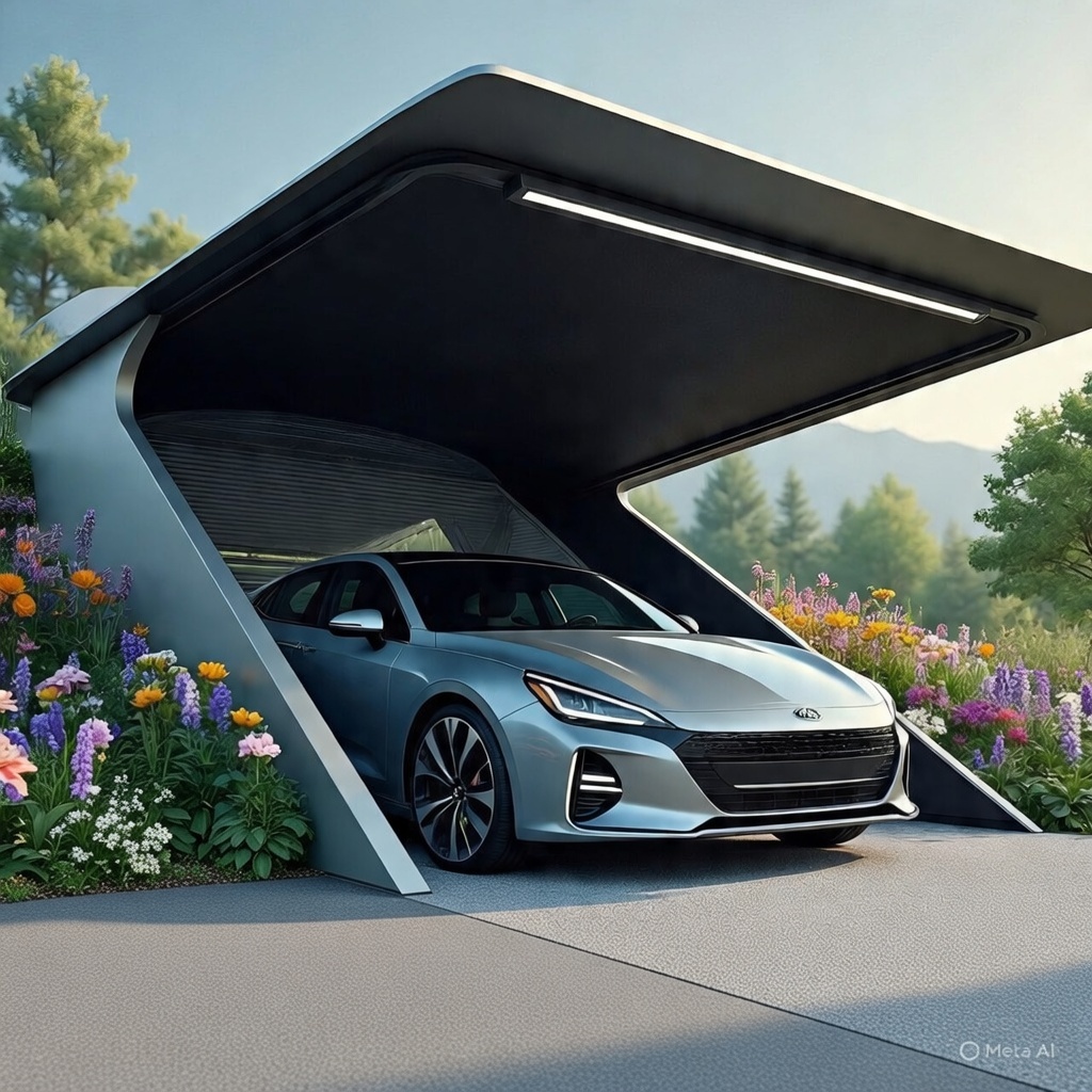 Modern car porch designs hybrid with layered flower gardens and 2026 Kia EV9 entering/exiting.