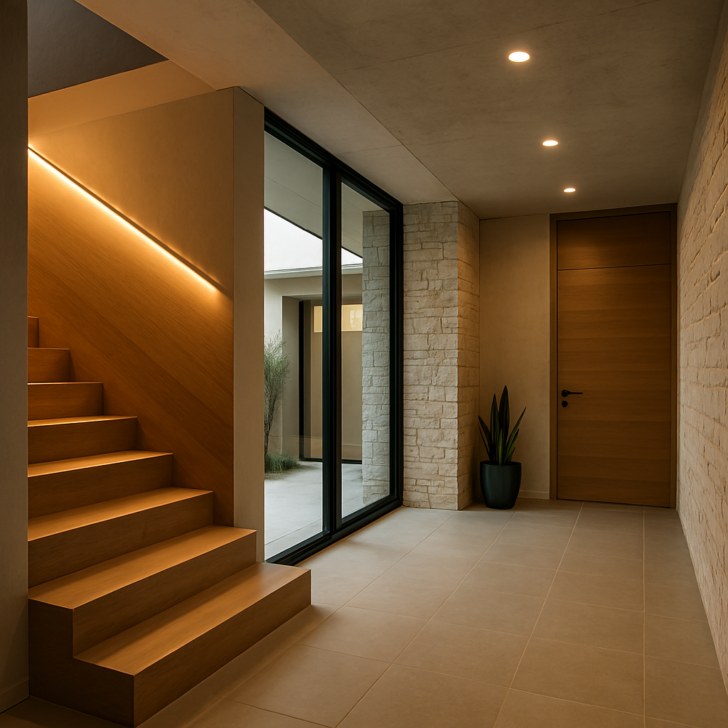 Material combination of wood and glass in modern house design