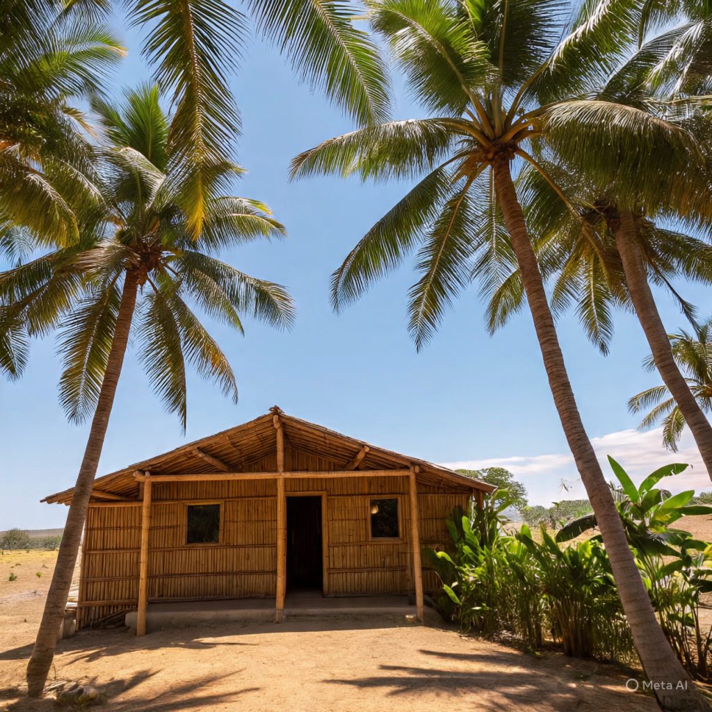 Family-friendly bamboo ranch houses with outdoor seating areas.