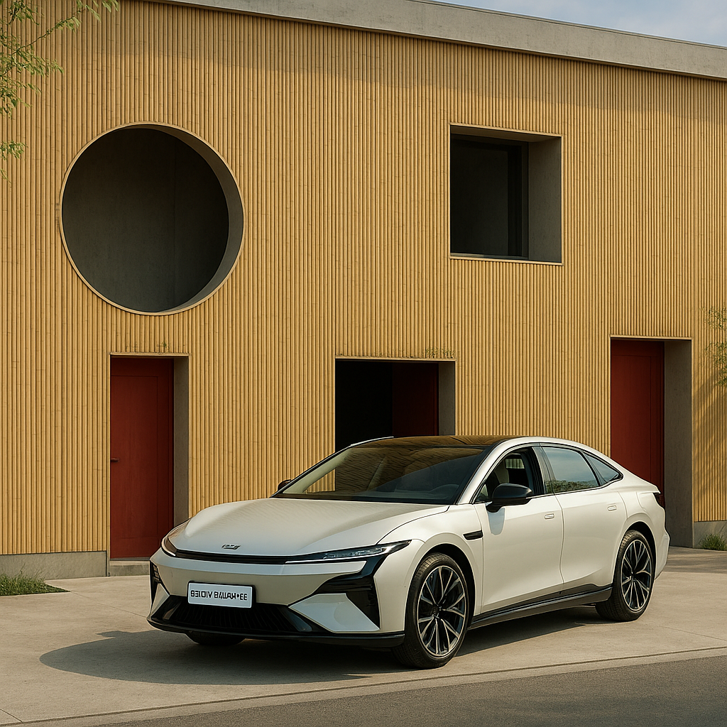 Modern Chinese front elevation designs bamboo-clad with 2026 Geely Galaxy E8 exiting sustainable facade.
