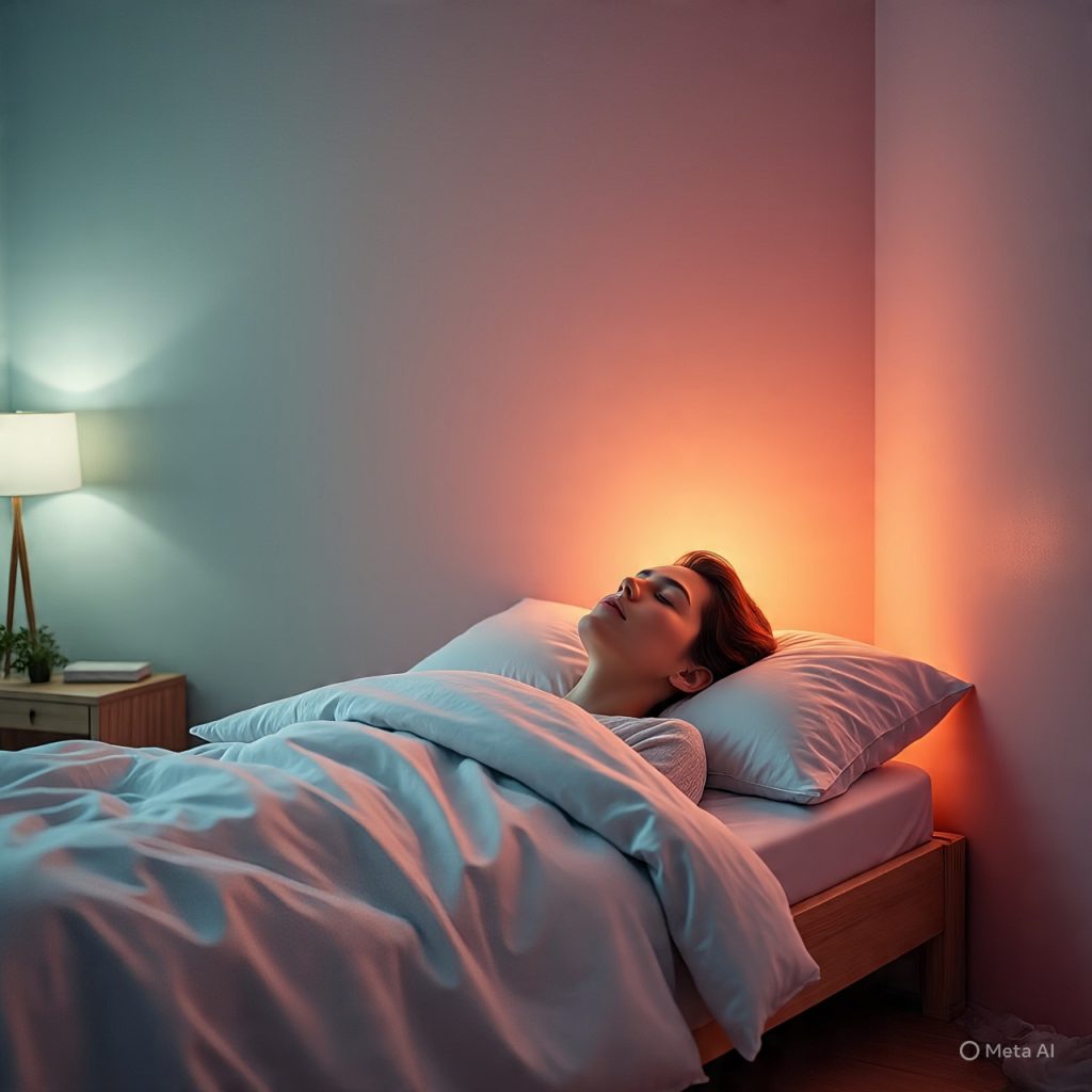 Circadian rhythm smart lighting system adjusting color temperature from daylight to warm tones for better sleep and wellness
