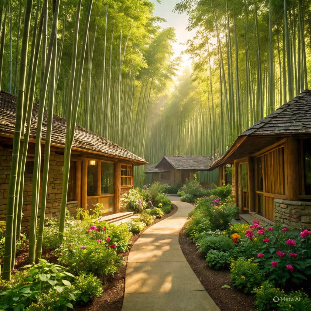 Seasonal garden landscape around ranch home