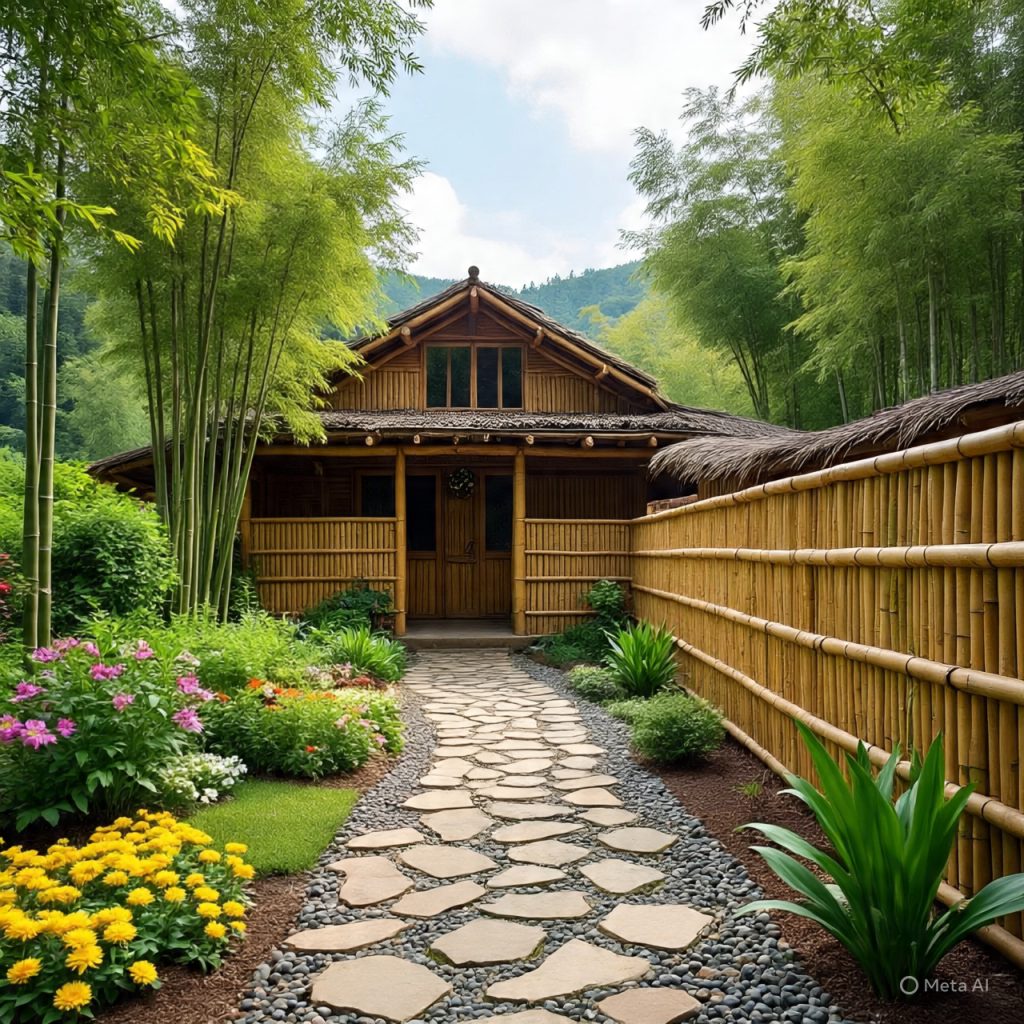 Bamboo ranch houses with garden pathways and natural materials.
