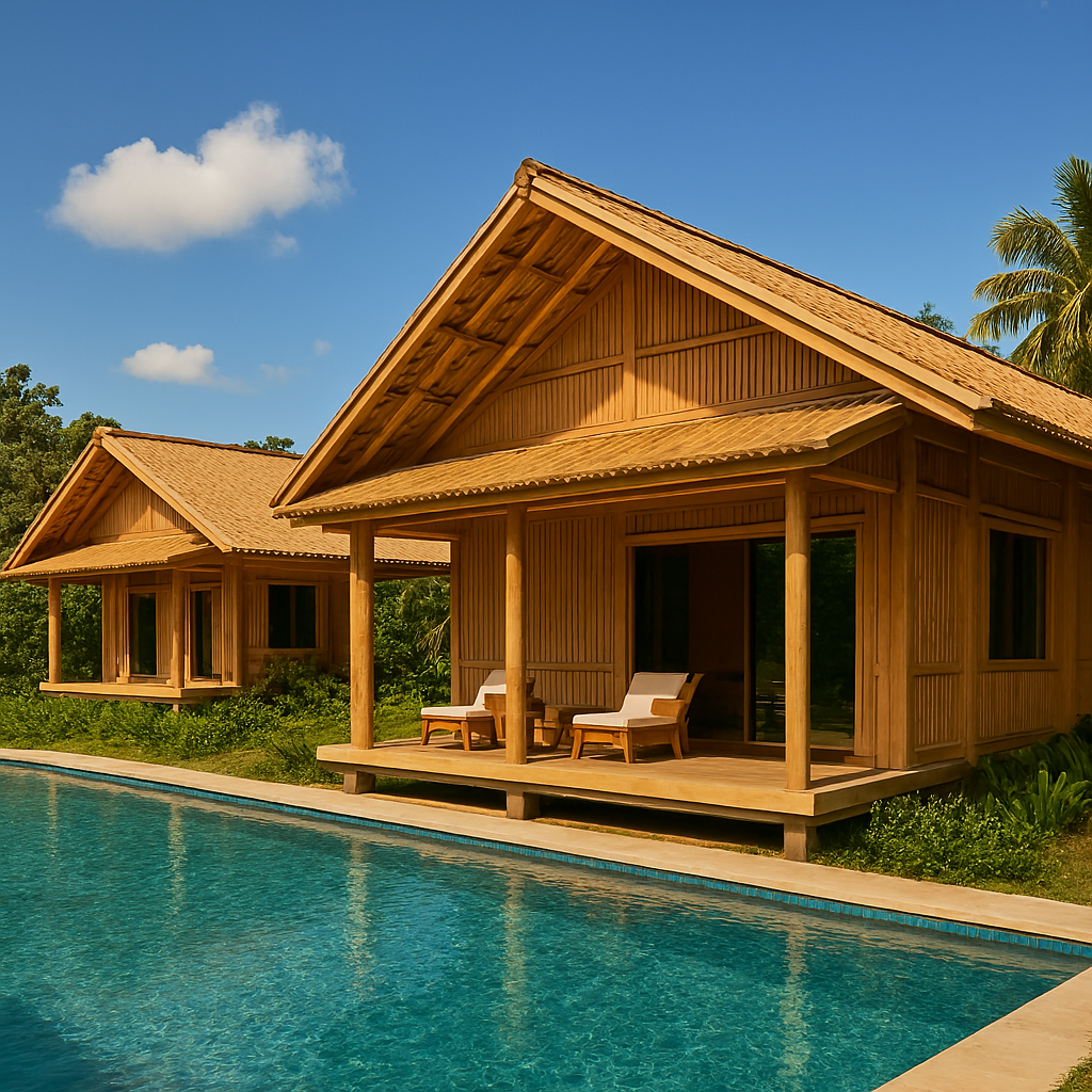 Luxury bamboo ranch houses with swimming pool, modern eco-design, tropical resort aesthetics.