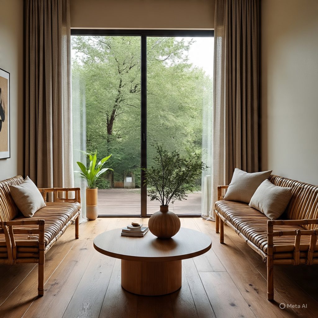 Sustainable living room with bamboo furniture and plants in a modern home decor guide