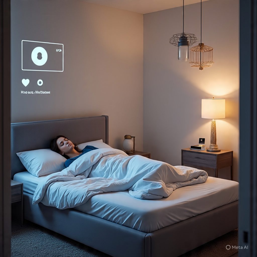 Smart home health monitoring – sleep tracking on intelligent bed with heart rate display and automated wellness adjustments