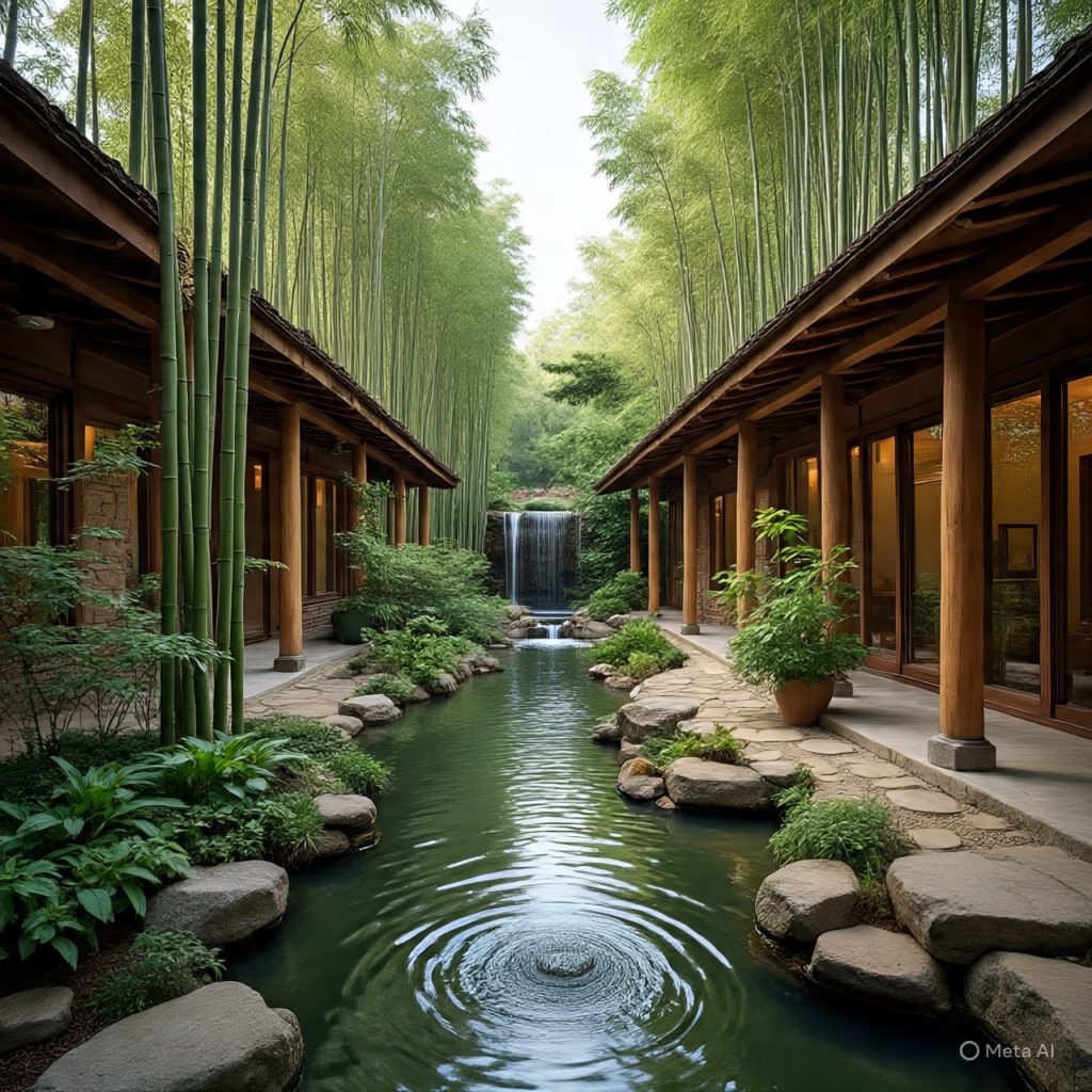 Outdoor seating in bamboo-garden-ranch-houses with tropical plants