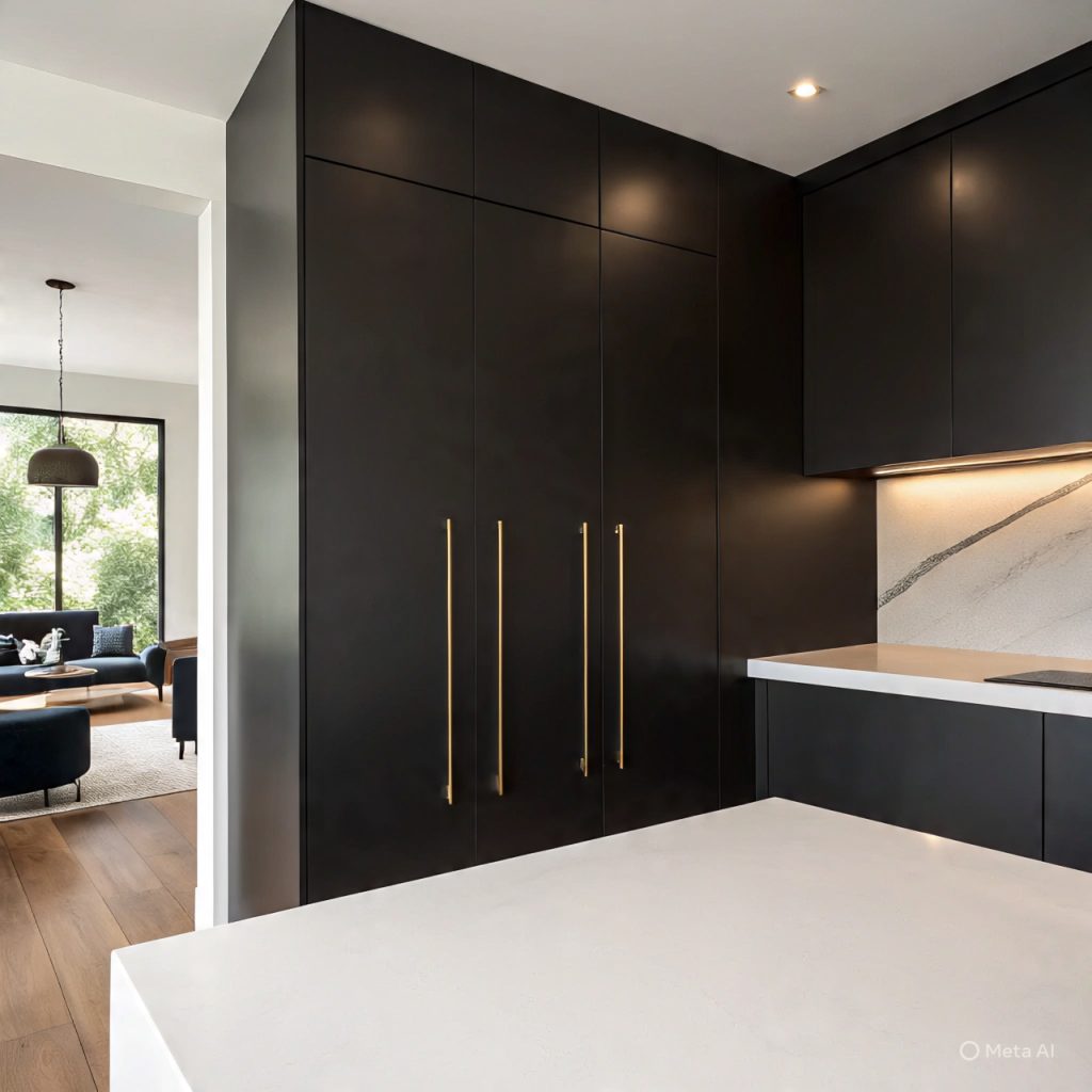 black kitchen cabinet design ideas 2026 matte finish with brass hardware"