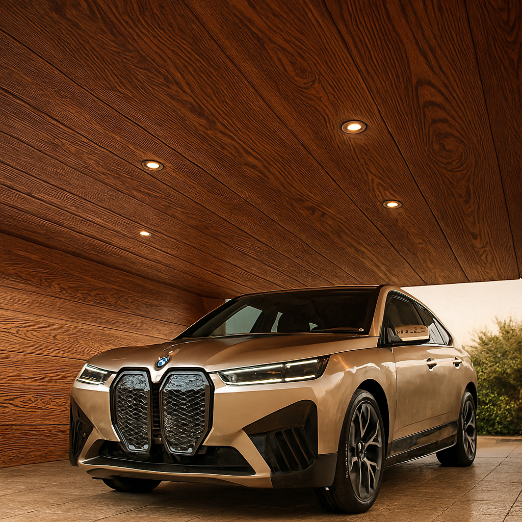 Modern car porch ceiling designs in wooden texture with 2026 BMW iX under warm lighting.