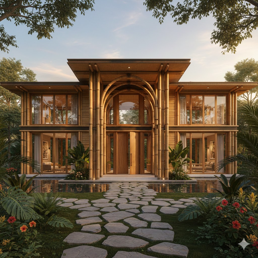 Modern bamboo ranch-houses with open veranda and natural landscape.