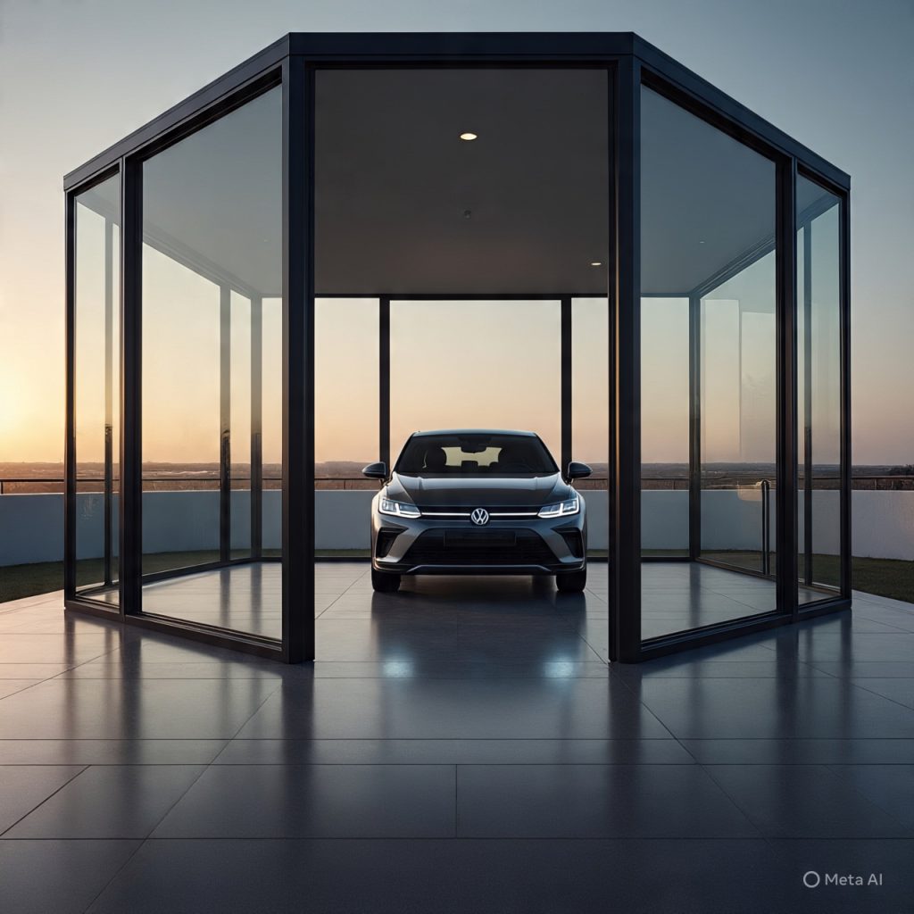 Modern car porch designs in enclosed glass with 2026 Volkswagen ID. Buzz entering elegant facade.
