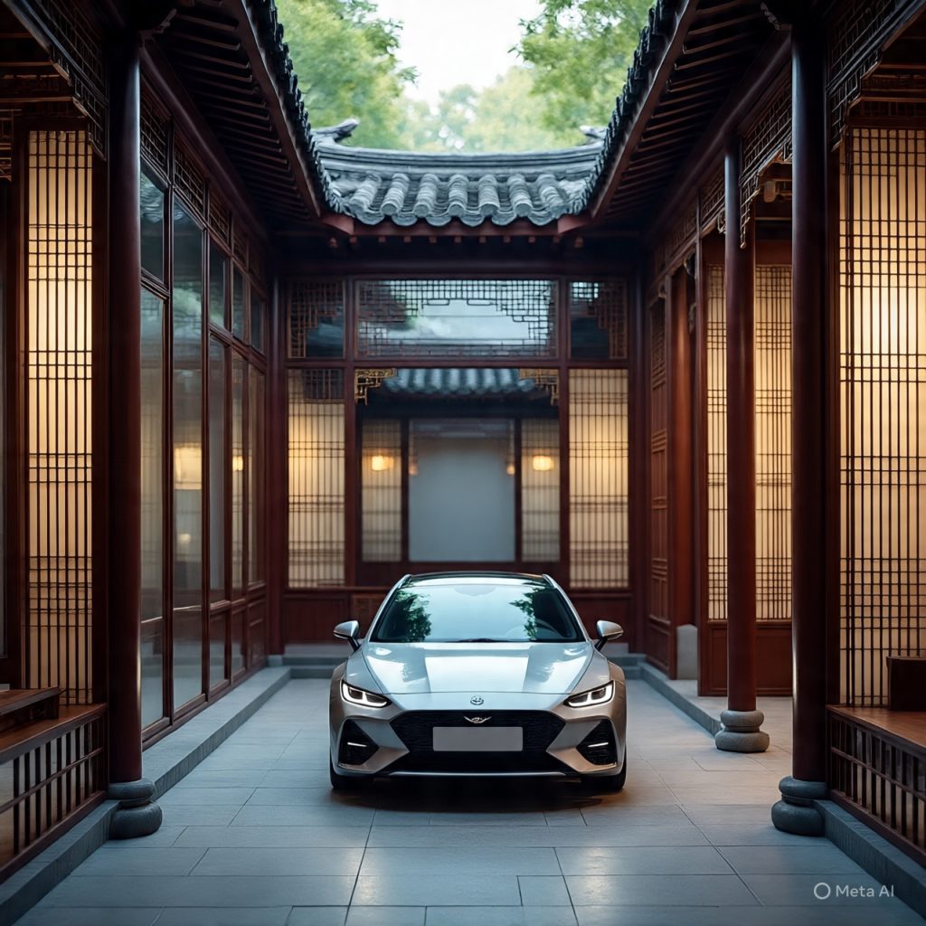 Modern Chinese front elevation designs courtyard style with 2026 Nio ET7 entering harmonious space.