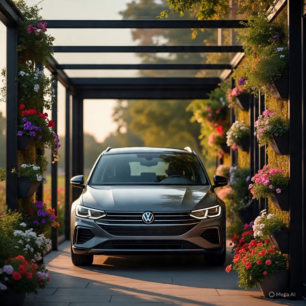 Modern car porch ideas 2026 featuring glass-enclosed design with vertical flower planters and 2026 Volkswagen ID. Buzz.