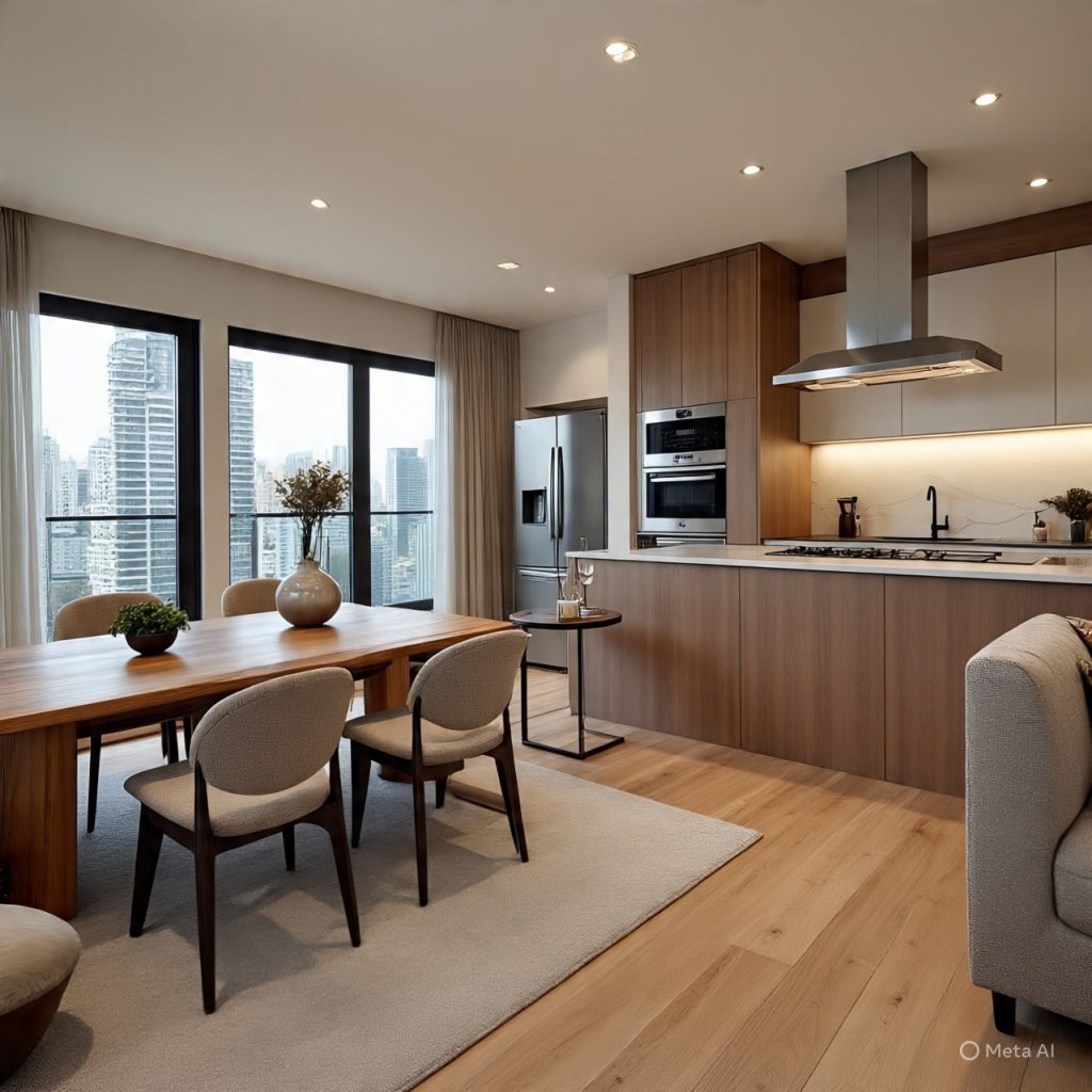 Open-plan modern-home decor interior with living, dining, and kitchen areas