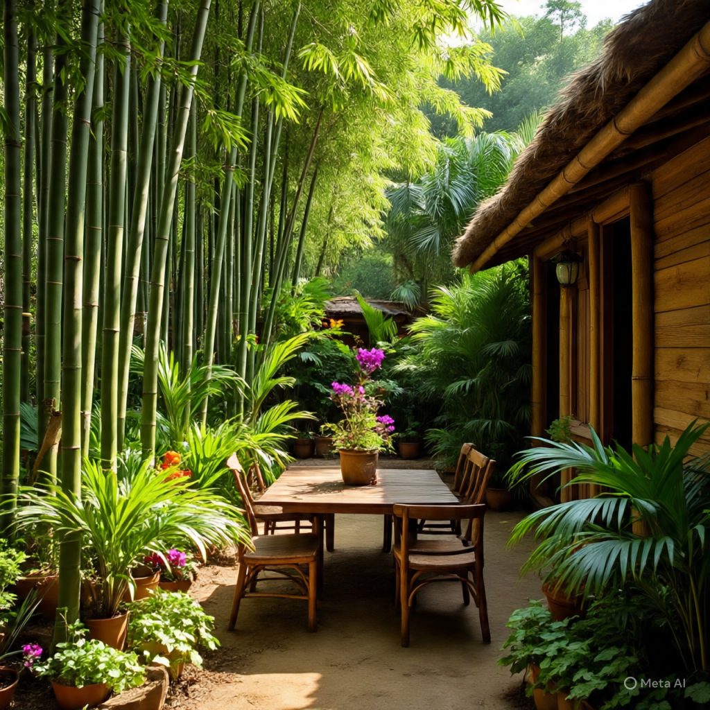 Bamboo pergola garden design in bamboo-garden-ranch-houses