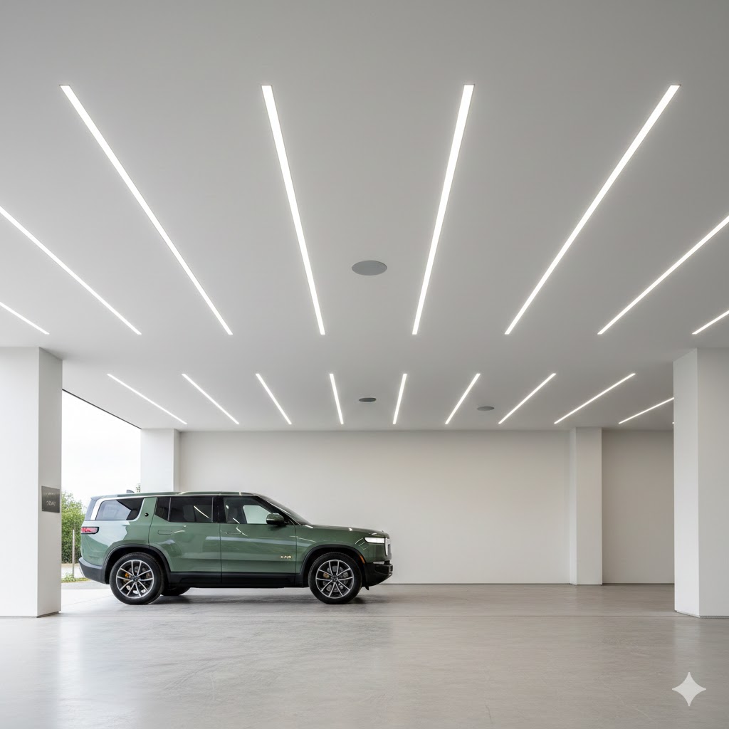 Modern car porch ceiling designs minimalist gypsum with linear LEDs and 2026 Rivian R2 exiting.